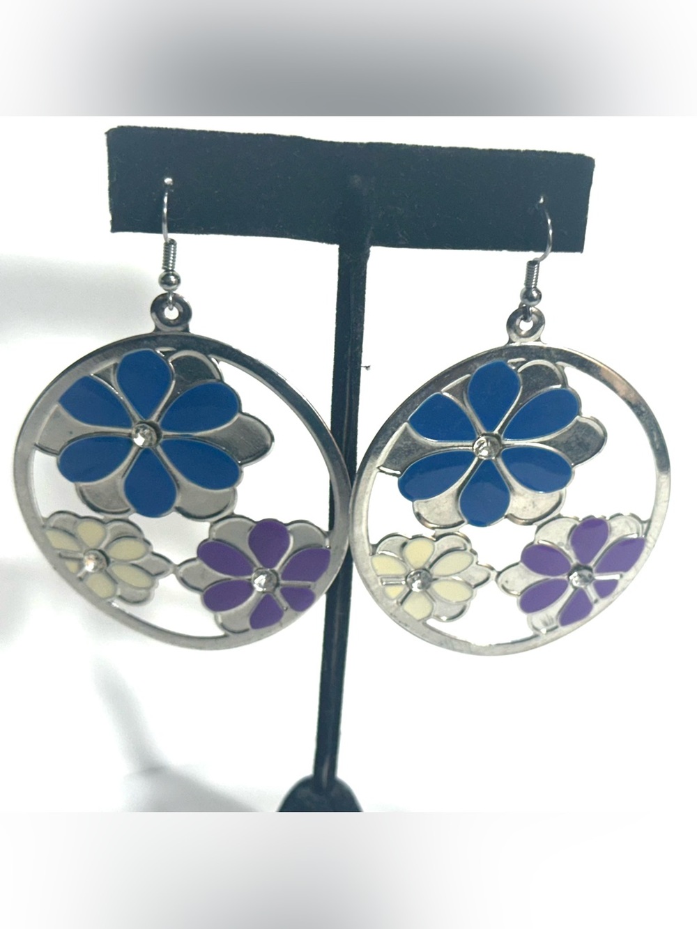 Flower Power Dangle Earrings Cut Out Design Blue Purple Mod Hippie 1960s Look